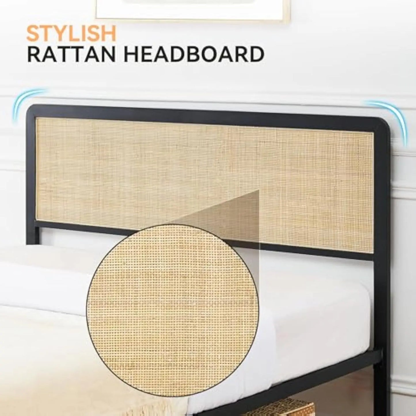 Rattan Full Size Bed Frame Full Size Bed Frame with Natural Rattan Headboard Bohemian Platform Bed Frame Strong Metal Slats Sup