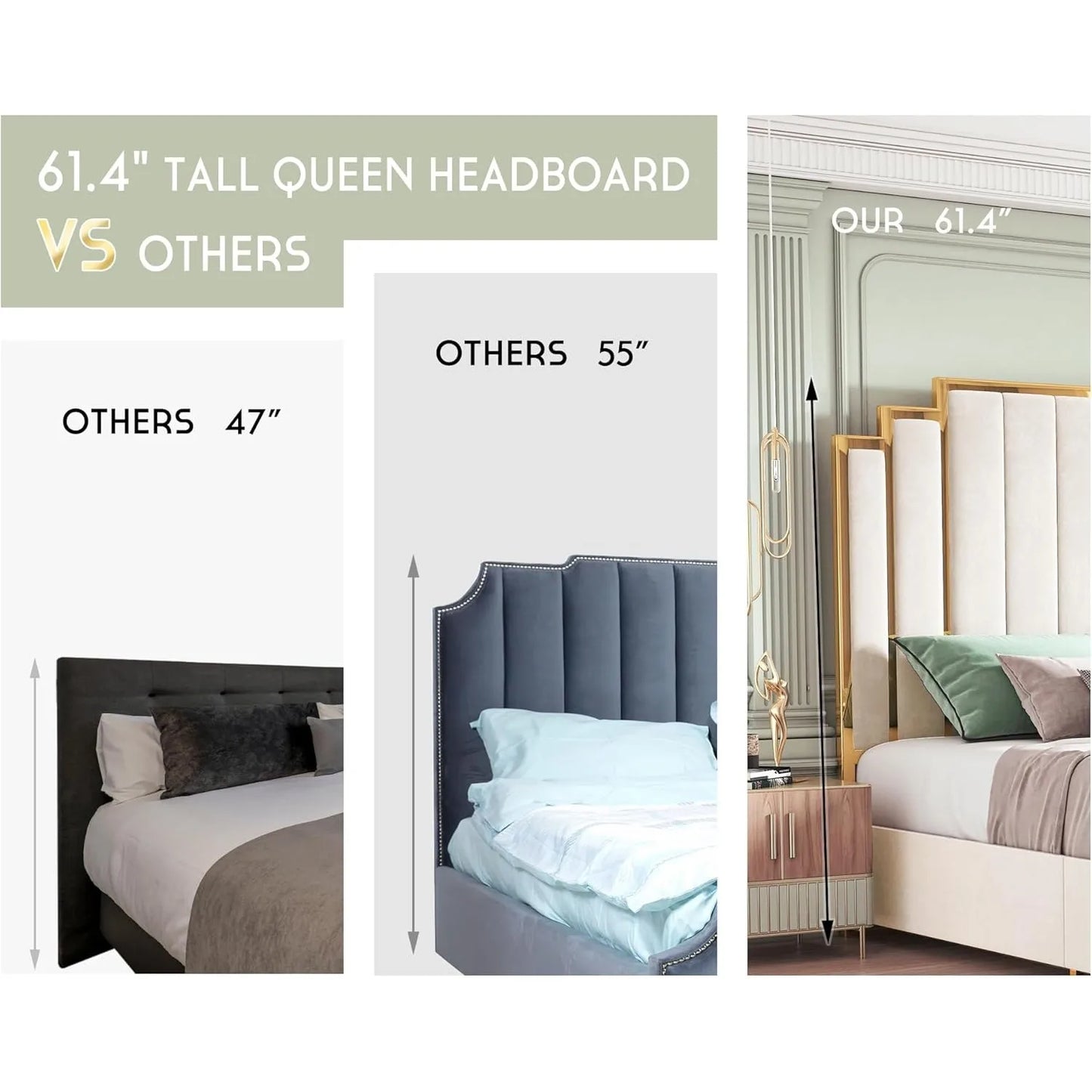 Queen Size Bed Frame and 61" Headboard, Upholstered Bed with Golden Plating Trim, Modern Platform Bed No Box Spring Needed,Cream