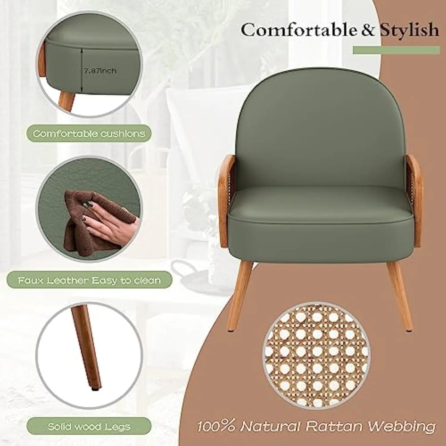 Mid Century Modern Accent Chair Armchair with Rattan Arms Upholstered Rattan Boho Accent Chair for Living Room Bedroom Balcony