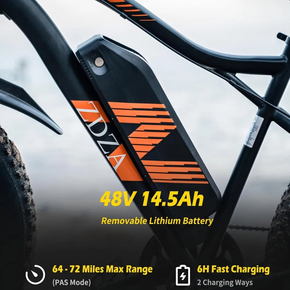 26 inch fat tire electric bicycle, 1500W motor, 48V 14.5Ah adult detachable, 7-speed and dual suspension