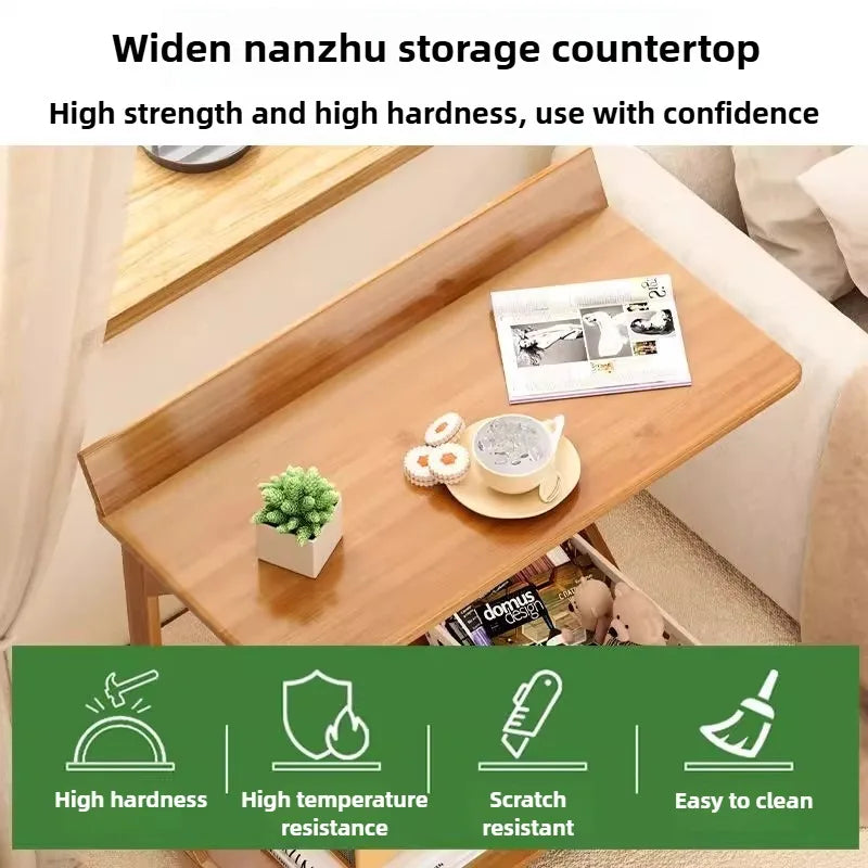 Sofa edge table, movable coffee table with wheels, minimalist mini living room, solid wood bedroom, bedside table, storage rack