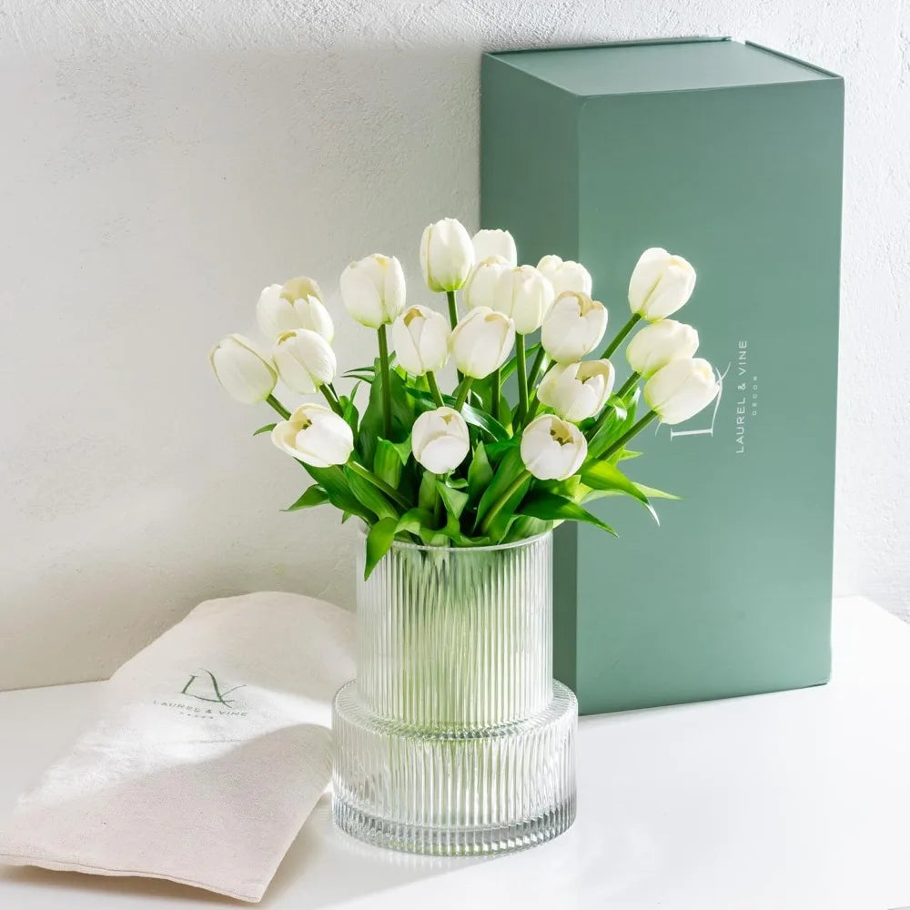Tulip and Vase Ribbed Glass with 20 White Tulips Artificial Flowers Gift Set Fluted Clear Flower Short Vase and Fake Tulips