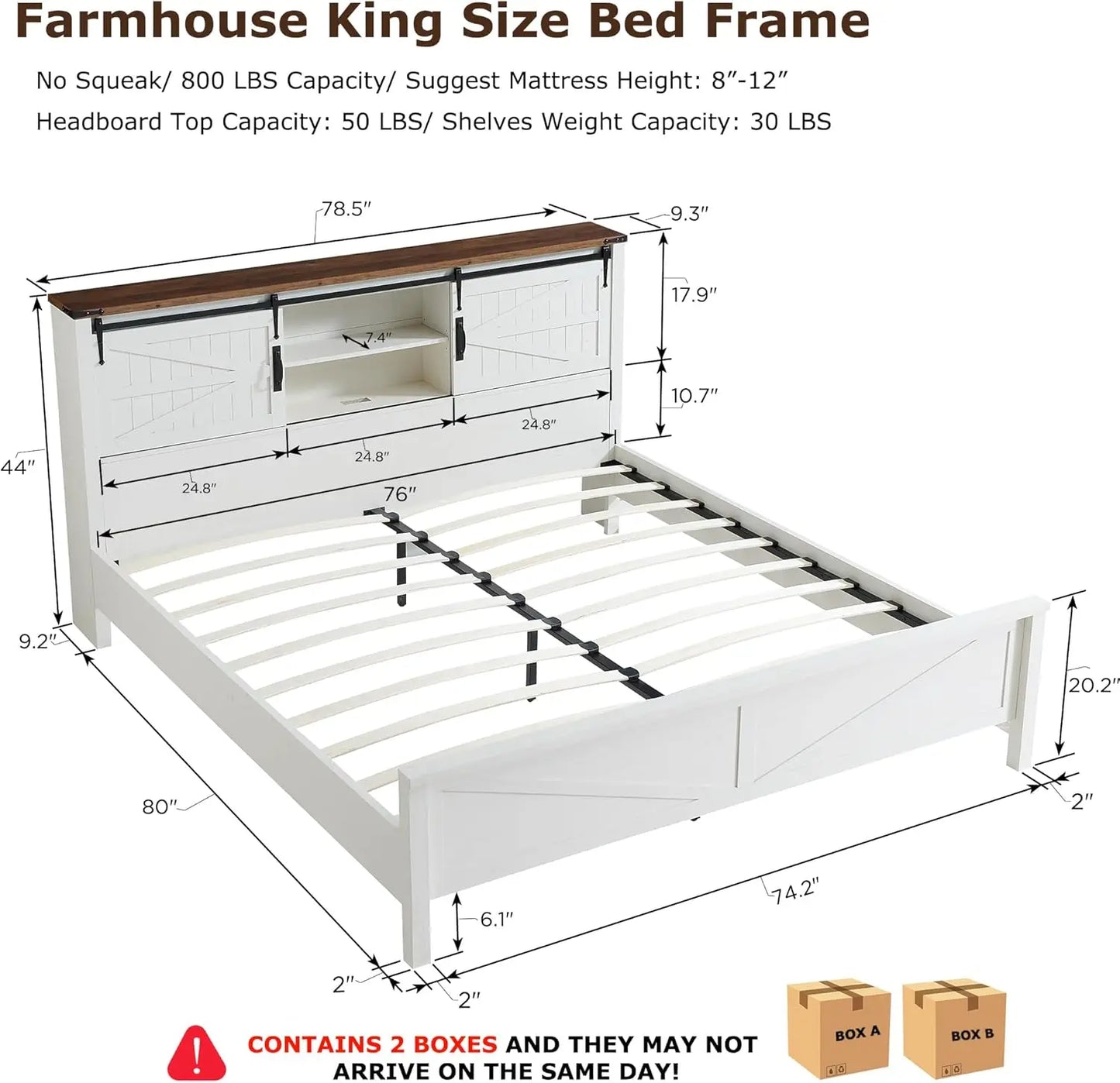 Farmhouse King Size Bed Frame w/Storage Bookcase Headboard Sliding Barn Door Charging Station Rustic Wood Platform Bed Wood Slat