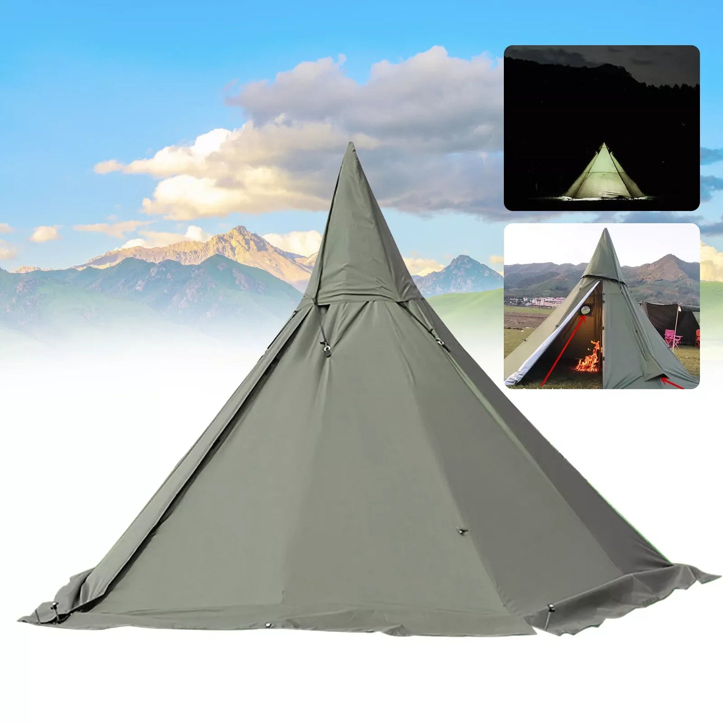 Outdoor Camping Tent, Teepee Tent, 4 Season 2 Doors Hike Waterproof Tent, Reathable Outdoor Green Tent