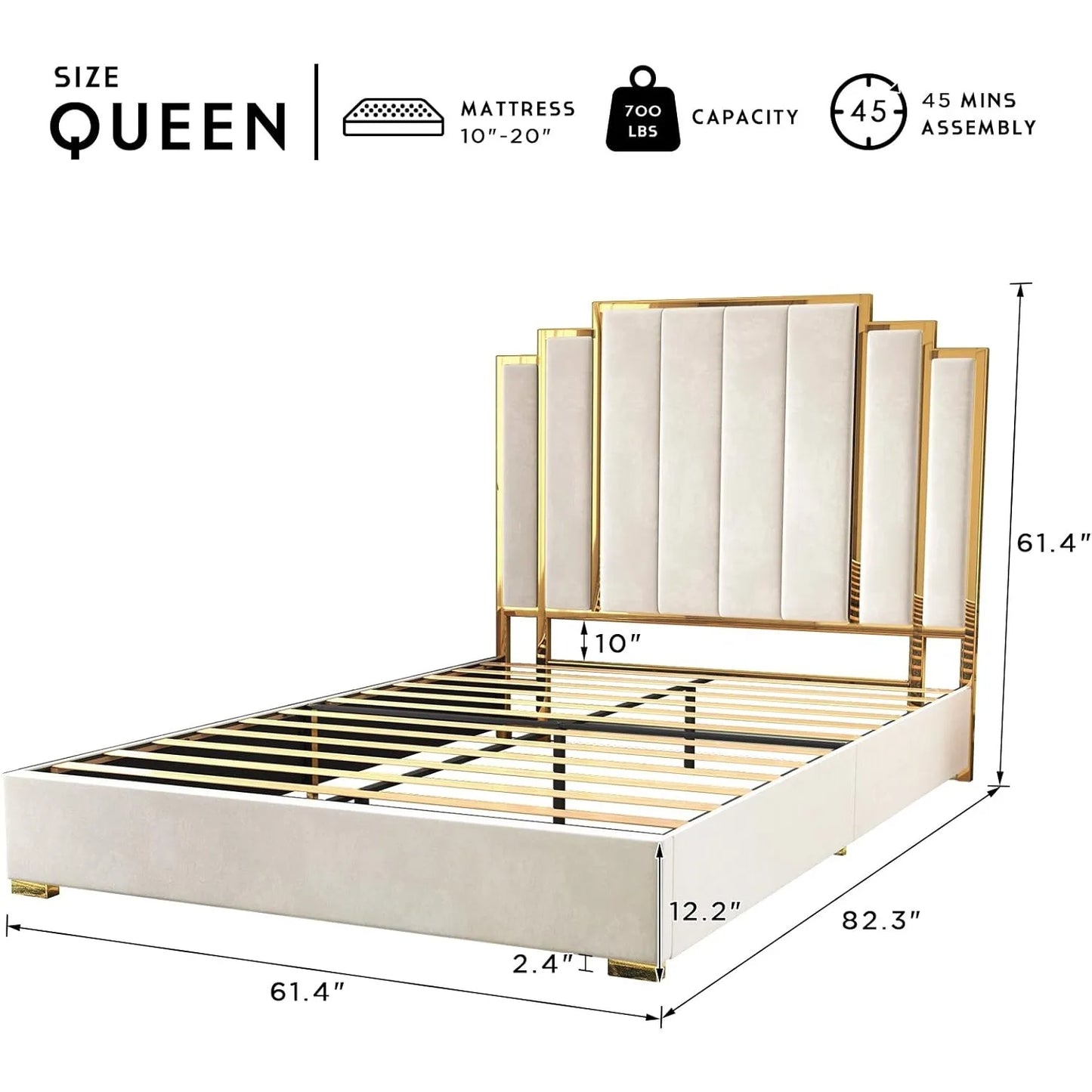 Queen Size Bed Frame and 61" Headboard, Upholstered Bed with Golden Plating Trim, Modern Platform Bed No Box Spring Needed,Cream