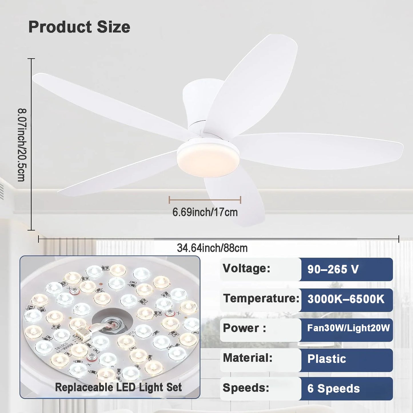Ceiling Fans with Lights, Low Profile Ceiling Fan Light, Reversible, Dimmable, Noiseless, Ceiling Fan lamp for Indoor