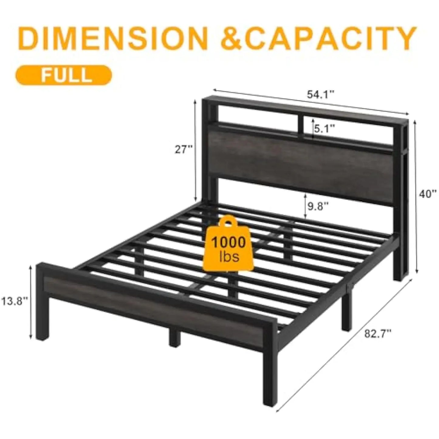 Full Size Bed Frame with 2-Tier Storage Headboard, Industrial Metal Platform Bed with LED Lights and Charging Station, Noise Fr