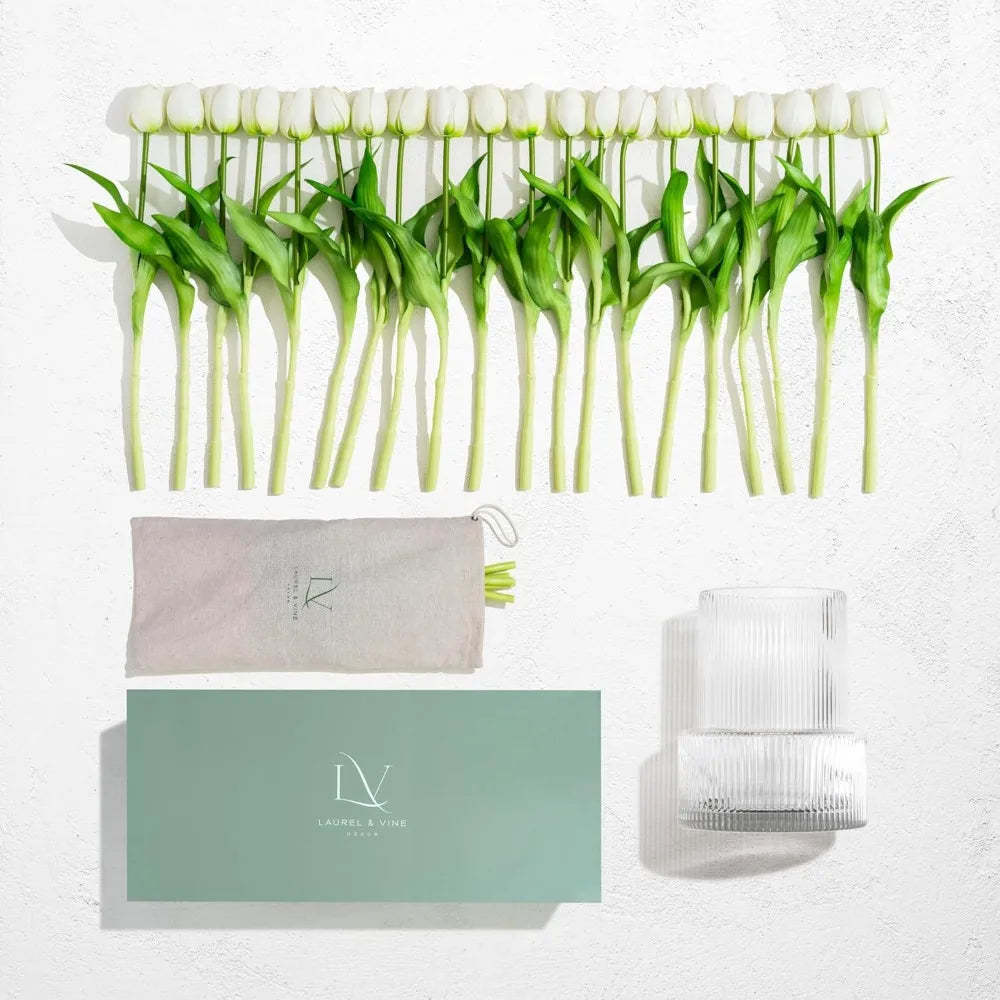 Tulip and Vase Ribbed Glass with 20 White Tulips Artificial Flowers Gift Set Fluted Clear Flower Short Vase and Fake Tulips