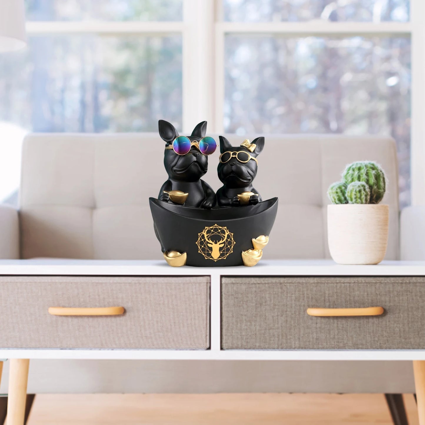 Resin Couple Dog Statue Decoration with Stainless Steel Disc Storage Statues Decor Simulated Art Props Good Gift for Living Room