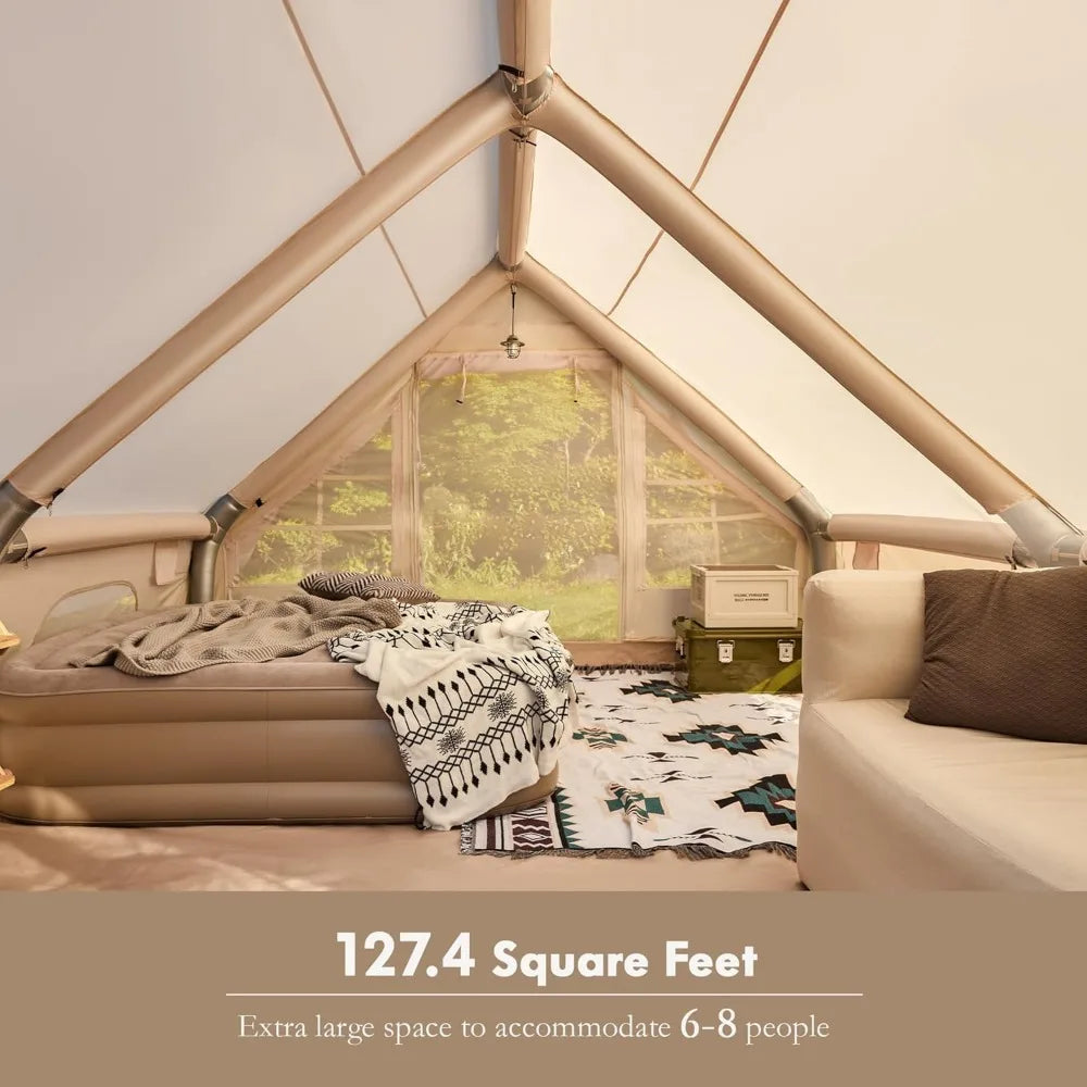 Inflatable Tent, Waterproof Blow Up Tent fo r8-10 Person, Easy Setup Glamping Cabin with Mesh & Chimney Windows, Large Te