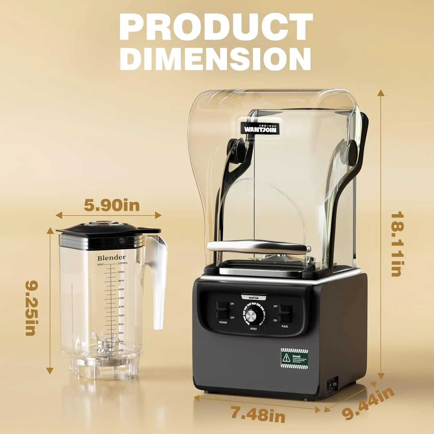 Wantjoin Professional Blender, Commercial Quiet Blender Soundproof Blender 2200ml With Blender Cover for Kitchen 1800W
