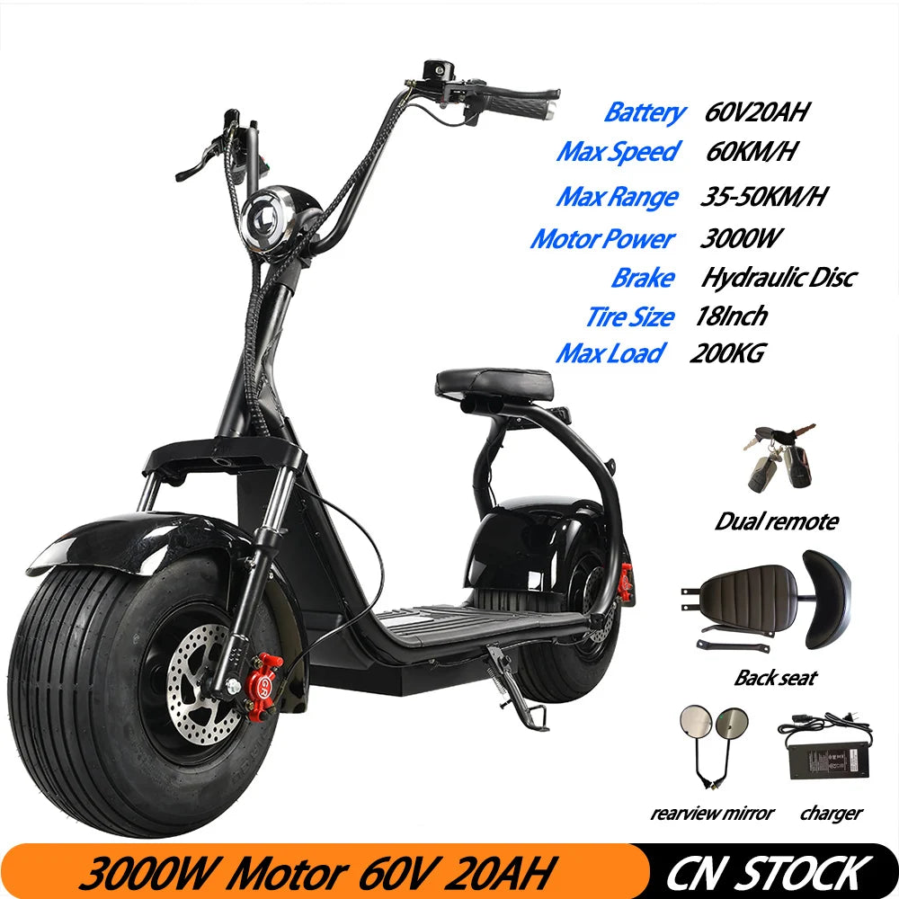 3000W Motor E Scooters Motorcycle Max Speed 45 KM/H 18 Inch Fat Tire 60V20AH Max Load 200KG Adult Electric 2 Wheel Scooter