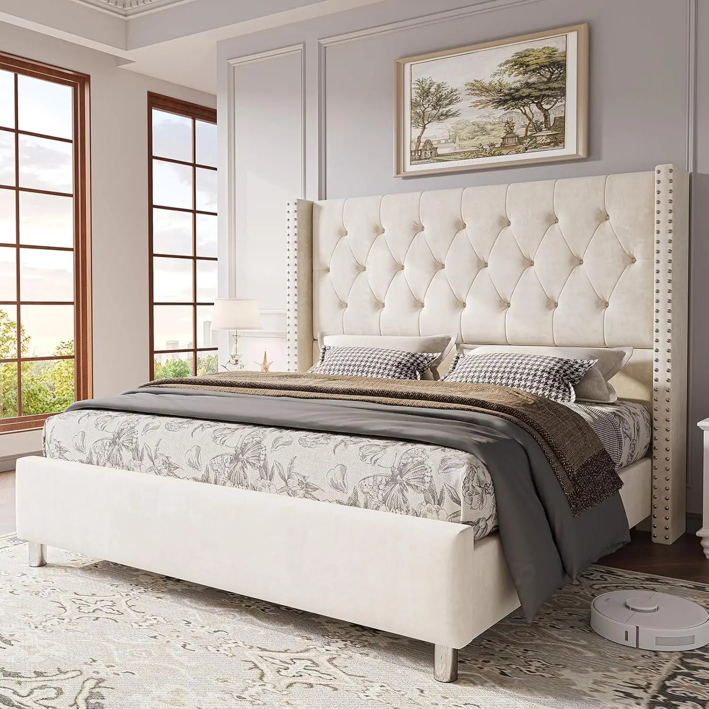 Jocisland Queen Bed Frame Upholstered Bed Wingback Headboard Velvet Tufted Diamond Button/No Box Spring Needed/Easy Assembly