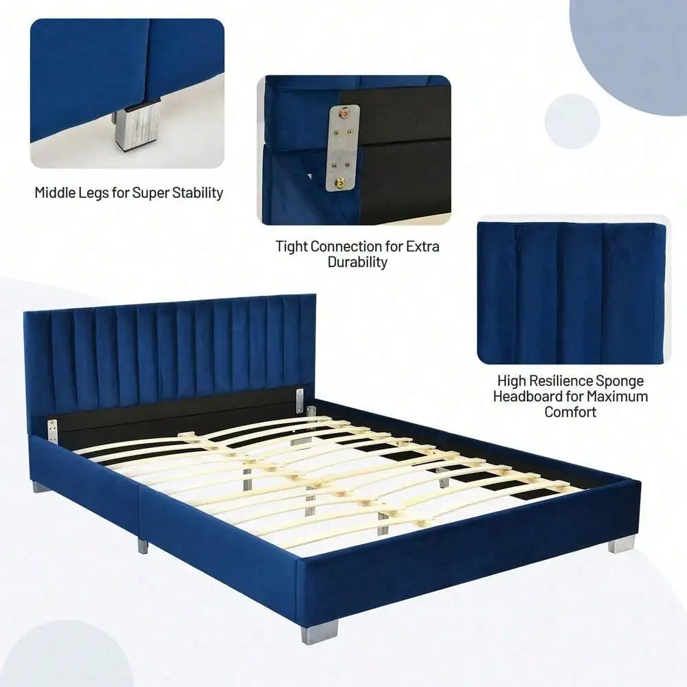 Full Tufted Upholstered Platform Bed Frame Flannel Headboard Navy Blue