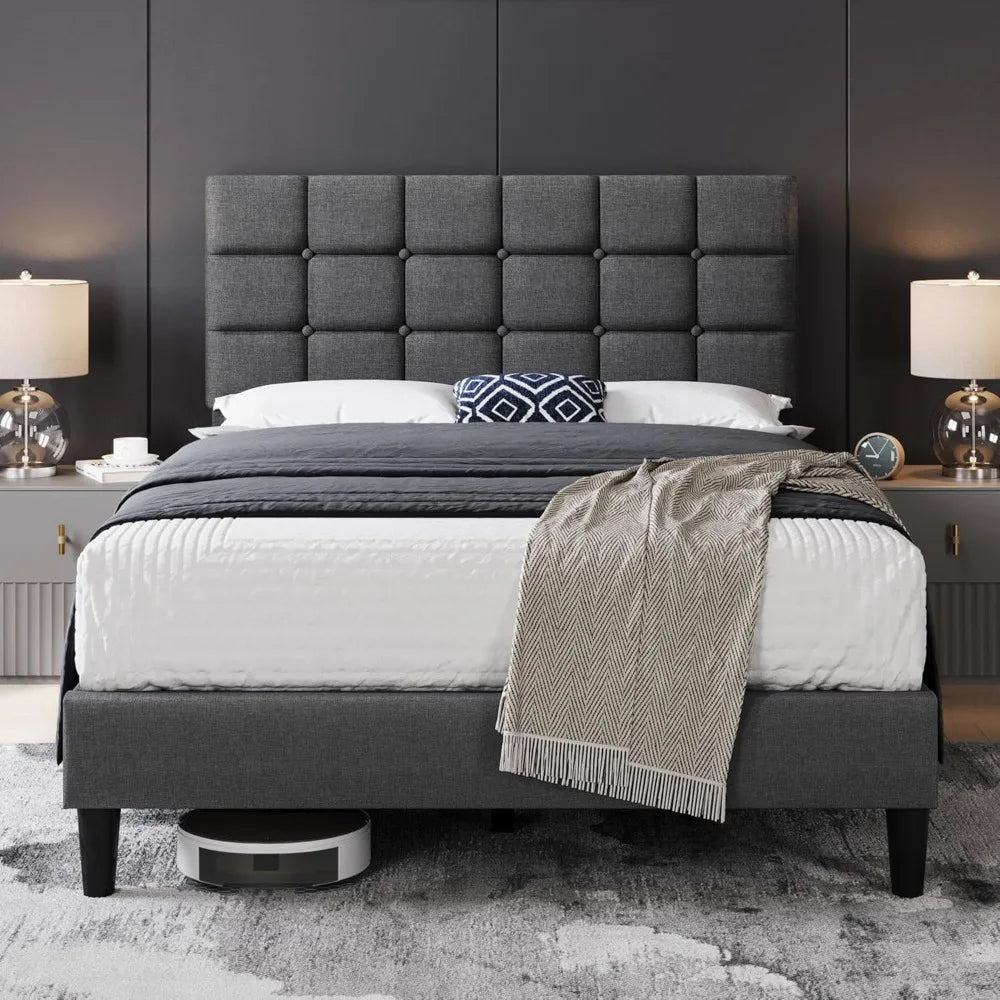 Bed Frame, Modern Full Bed Platform with Square Stitched&Button Tufting Headboard Height Adjustable, Full Size, Dark Gray