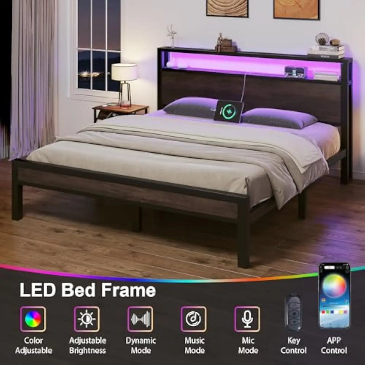 Full Size Bed Frame with 2-Tier Storage Headboard, Industrial Metal Platform Bed with LED Lights and Charging Station, Noise Fr