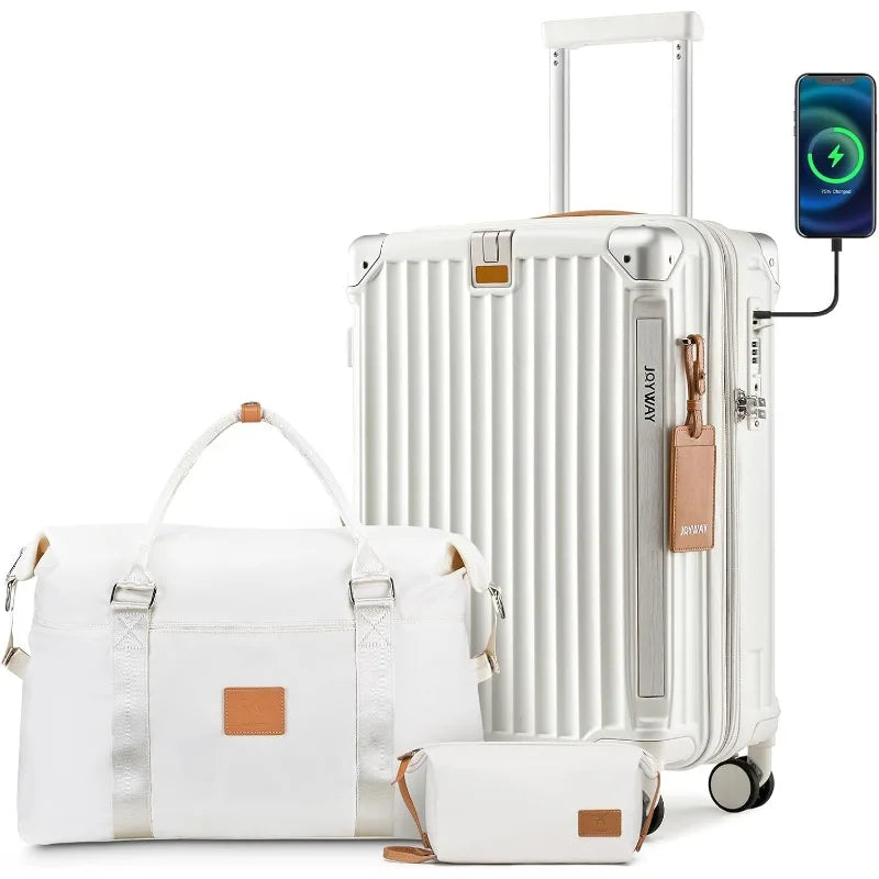 20in Carry On Luggage with Cup Holder and USB Port, 25% Expandable Capacity, Smart Suitcase with Anti Slip Wheels and Handbag
