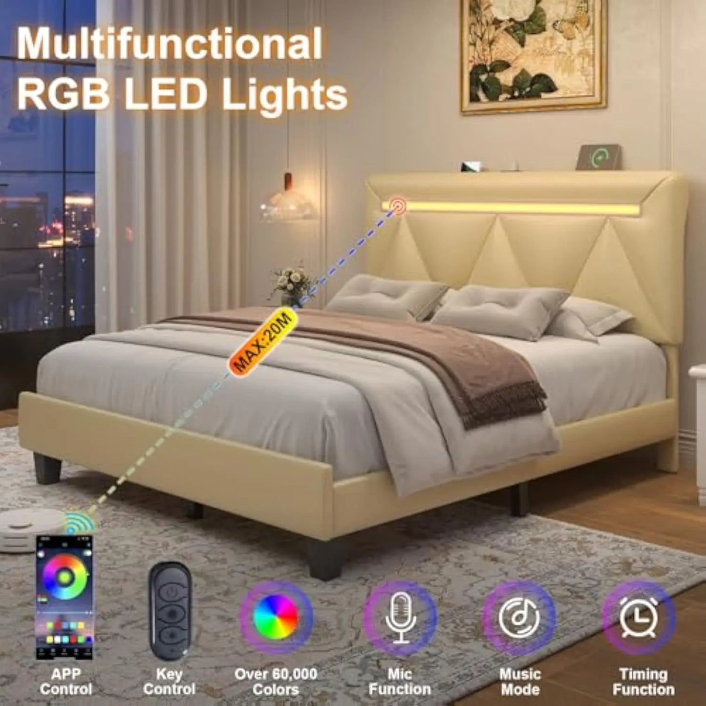 Queen Size Bed Frame, Faux Leather Upholstered Bed Frame with Adjustable Headboard, Charging Station and LED Lights, Solid Wood