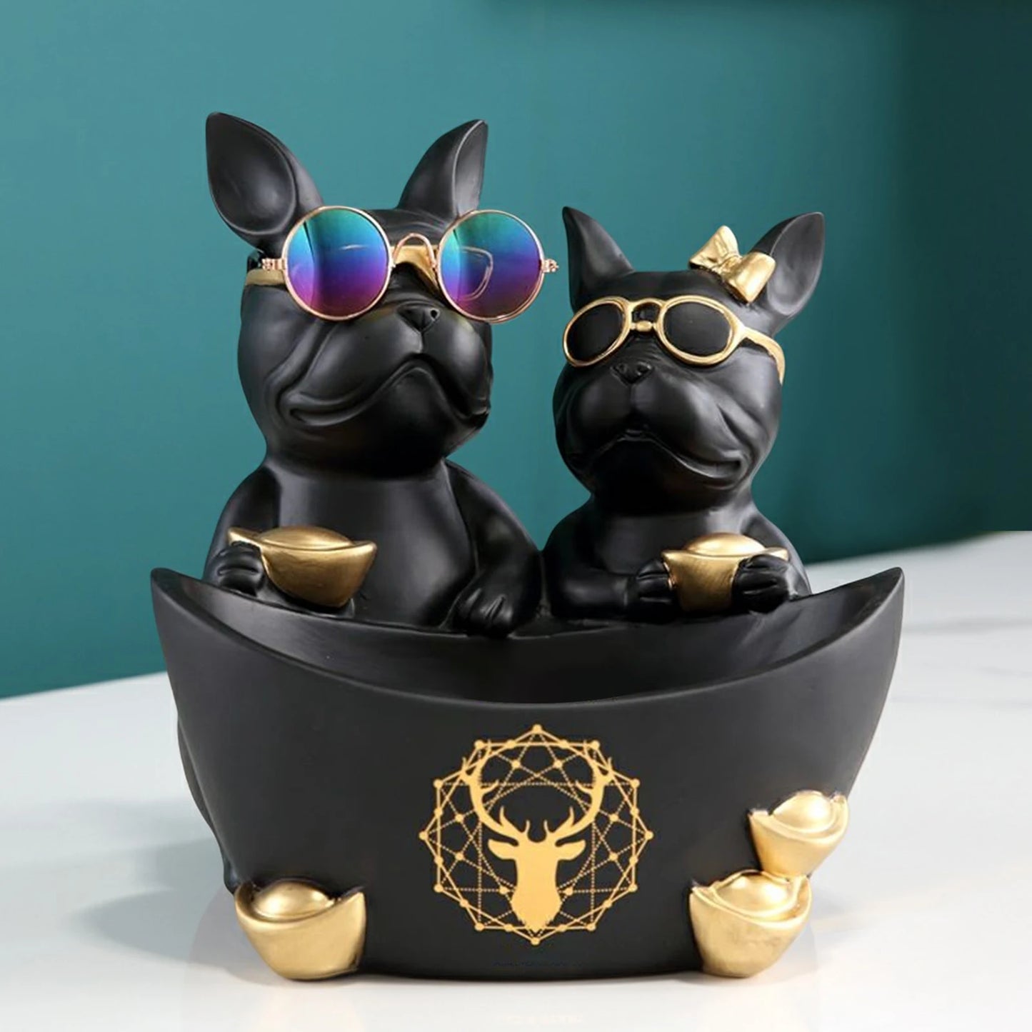 Resin Couple Dog Statue Decoration with Stainless Steel Disc Storage Statues Decor Simulated Art Props Good Gift for Living Room