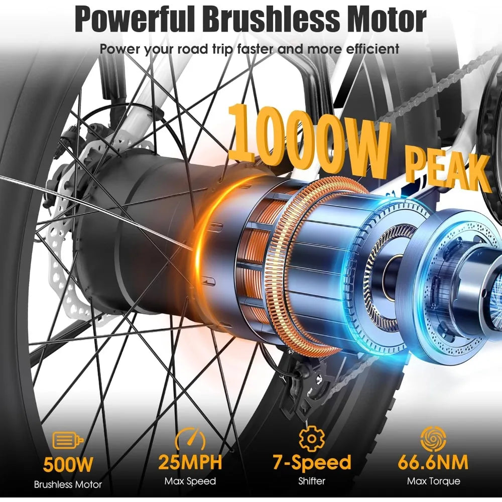 Adult electric bicycle, peak 1000W electric bicycle,25MPH 60 miles, with 48V 13AH battery, rear frame, 7-speed, front suspension