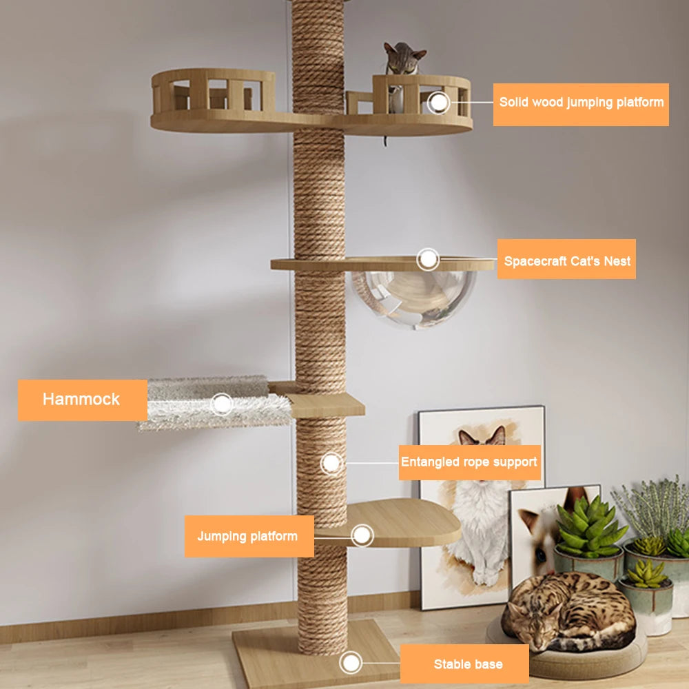 Adjustable Cat Tree House Tower Pet Condo Wooden House Multifunction Tower Soft Flannel Hammock Bed Cat Tree Floor To Ceiling