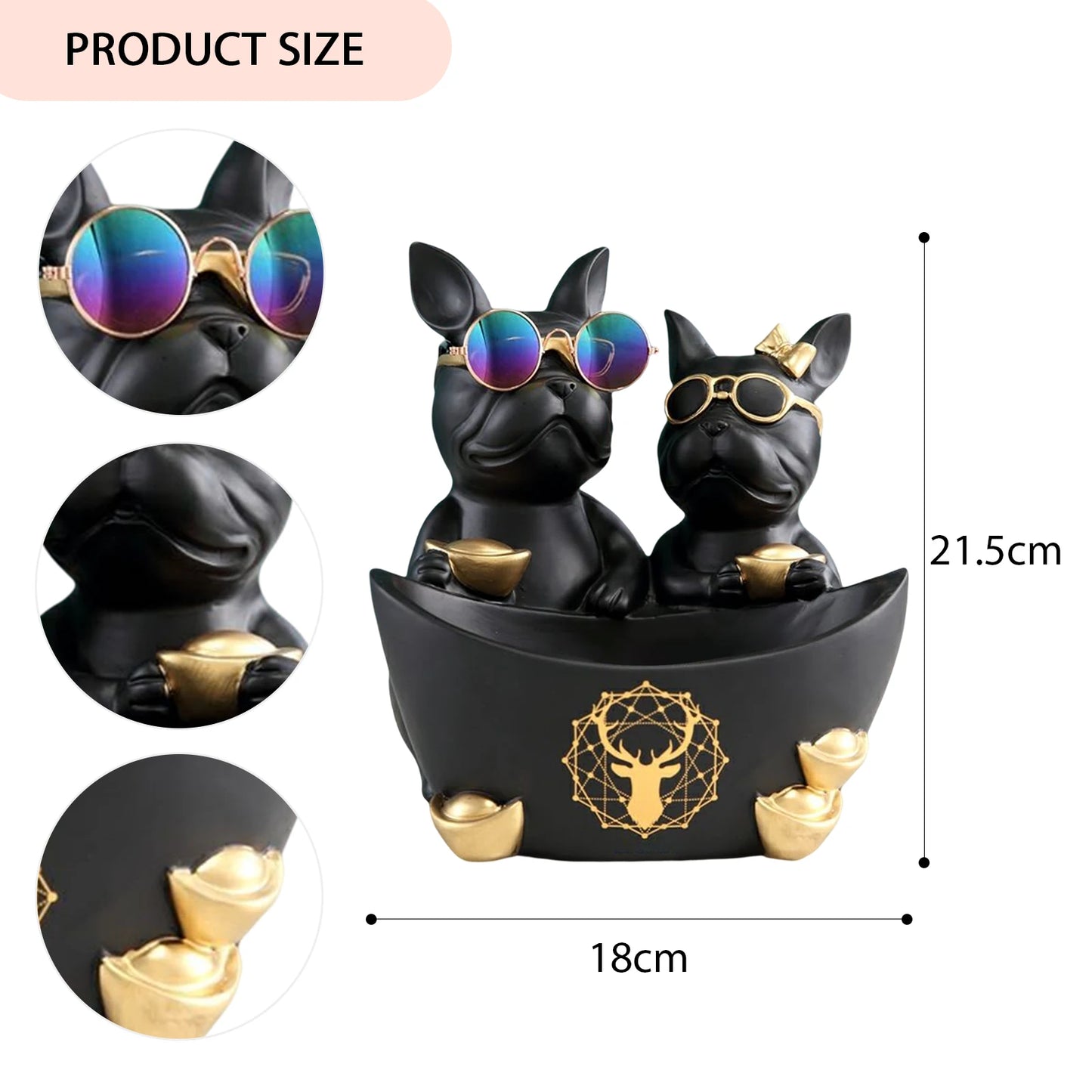 Resin Couple Dog Statue Decoration with Stainless Steel Disc Storage Statues Decor Simulated Art Props Good Gift for Living Room