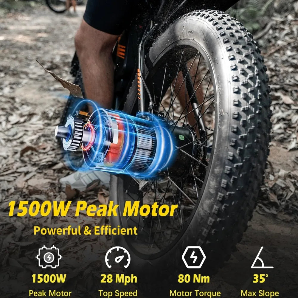 26 inch fat tire electric bicycle, 1500W motor, 48V 14.5Ah adult detachable, 7-speed and dual suspension