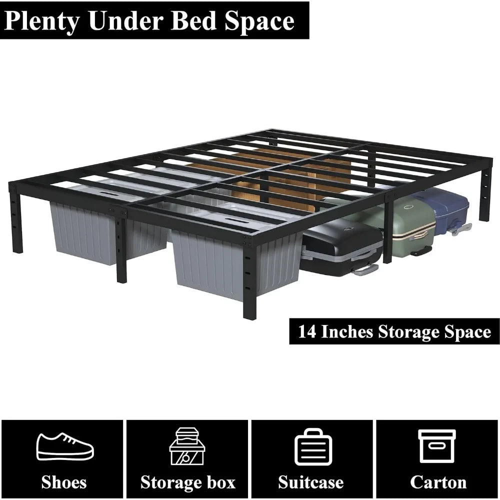 16 Inch Queen Bed Frame No Box Spring Required, Metal Platform Queen Size Bed Frames with 14 Inch Storage