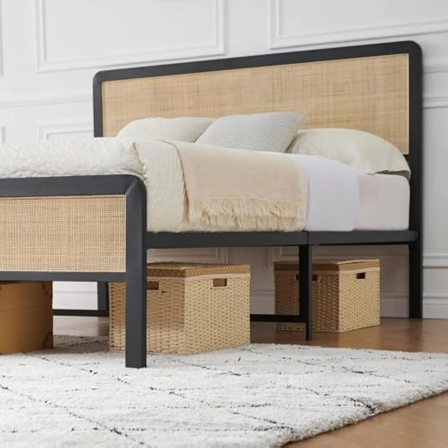 Rattan Full Size Bed Frame Full Size Bed Frame with Natural Rattan Headboard Bohemian Platform Bed Frame Strong Metal Slats Sup