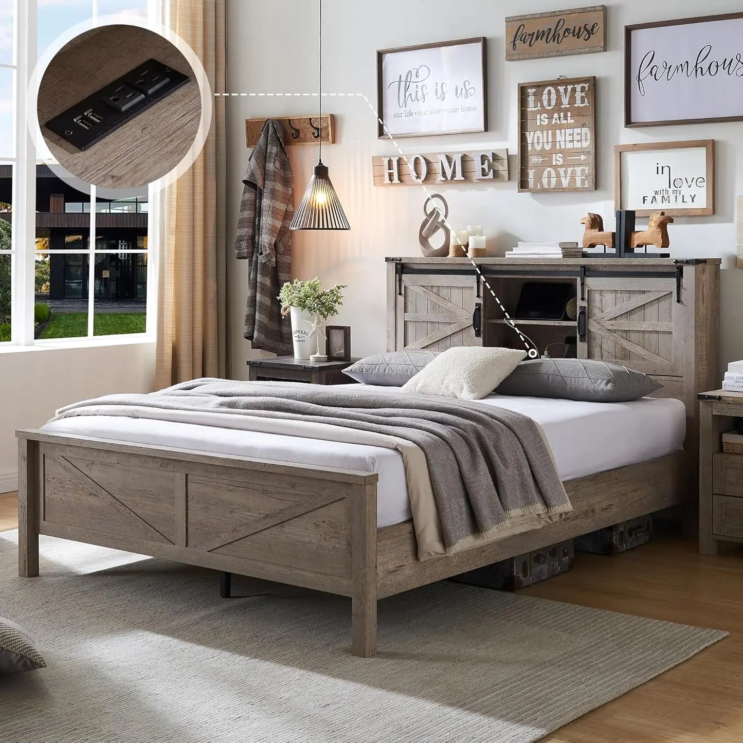 Farmhouse King Size Bed Frame w/Storage Bookcase Headboard Sliding Barn Door Charging Station Rustic Wood Platform Bed Wood Slat