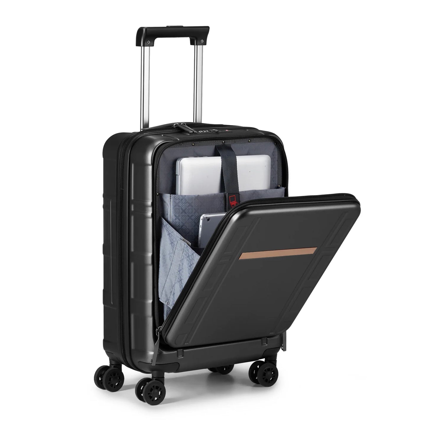 22 X 14 X 9 Airline Approved, ABS+PC 20 Inch Luggage with Front Compartment, Double Spinner Wheels, TSA Lock,Black Color
