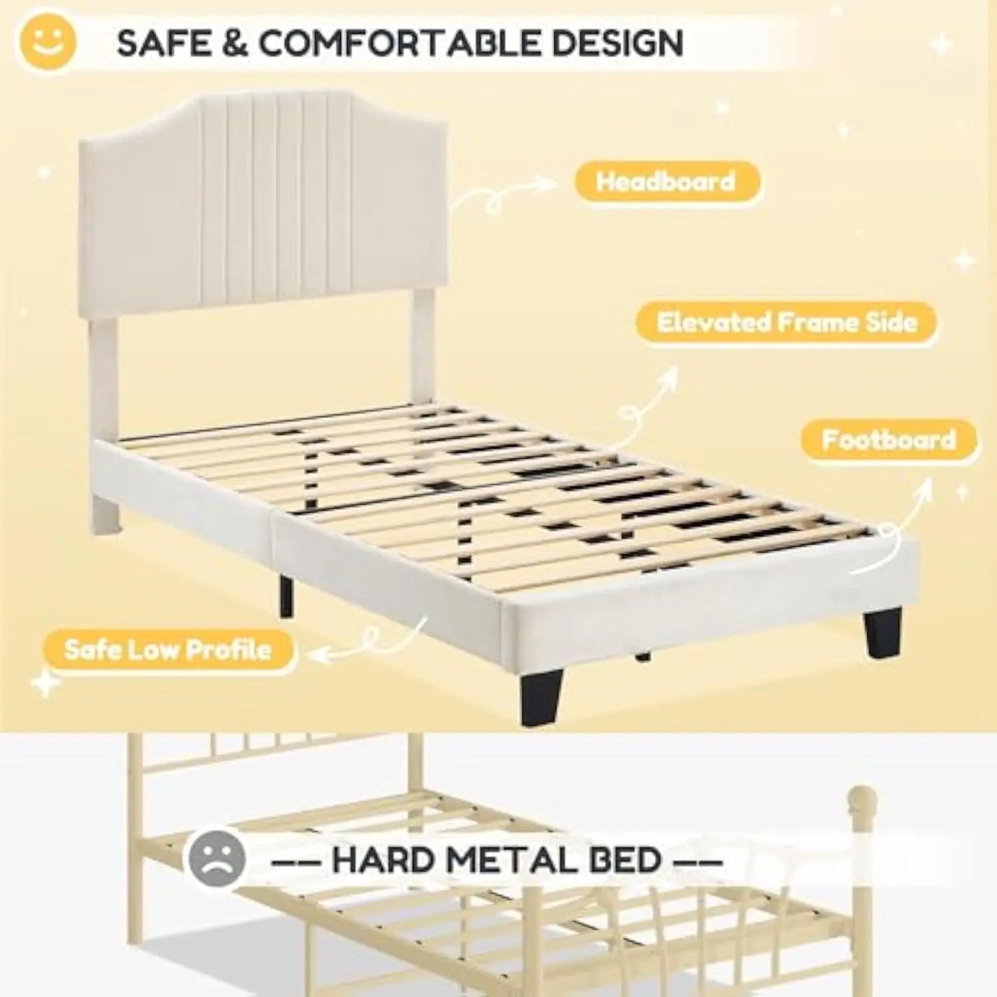Twin Size Bed Frame - Velvet Upholstered Platform Bed Frame with Headboard for Girl Strong Wooden Slats Support, No Box Spring