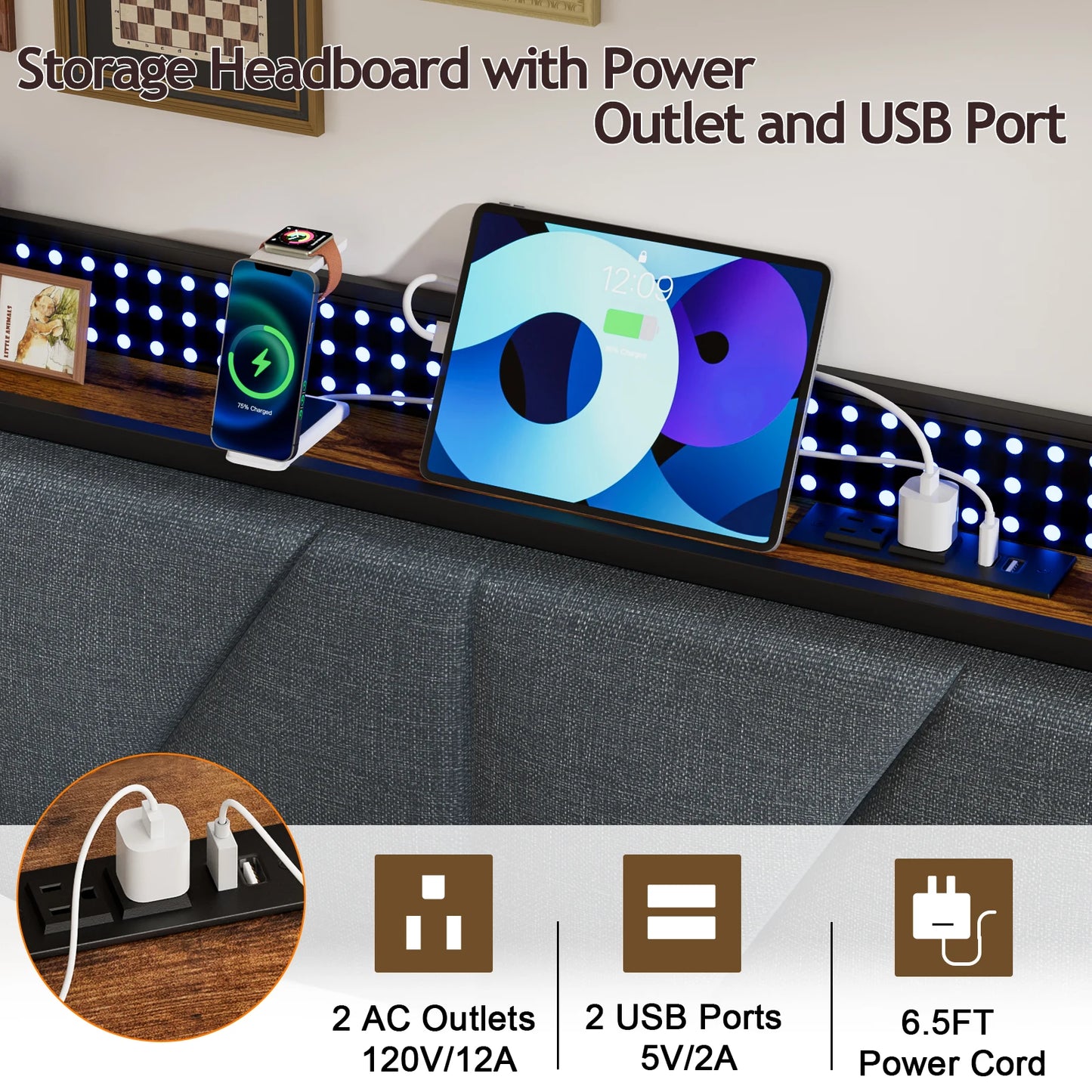 Full/Queen Bed Frame with Charging Station and LED Lights,USB Charging Station Headboard Upholstered Queen Size Metal bedstead