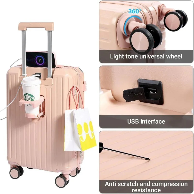 Carry-on Luggage with Cup Holder & USB Charging Port, Hard Side Luggage with Spinner Wheels, Lightweight Luggage for Travel
