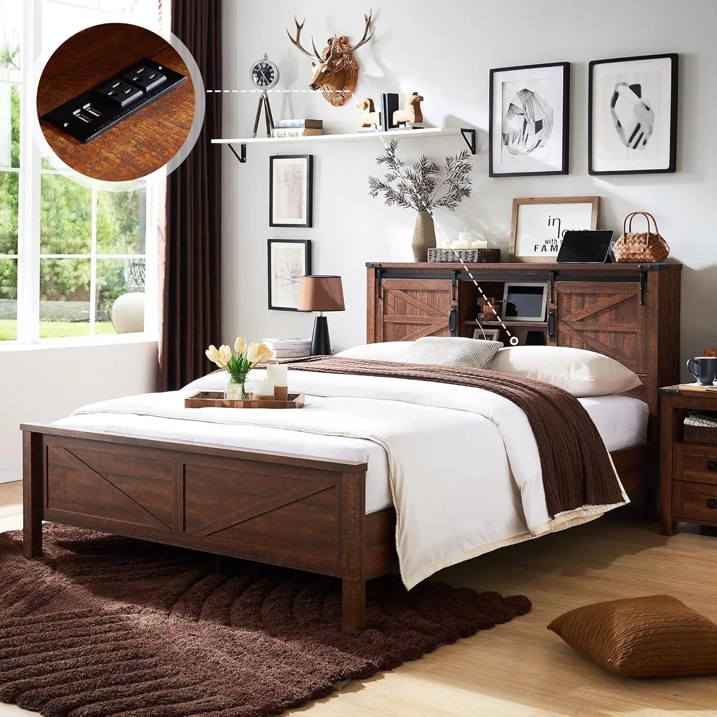 Farmhouse King Size Bed Frame w/Storage Bookcase Headboard Sliding Barn Door Charging Station Rustic Wood Platform Bed Wood Slat