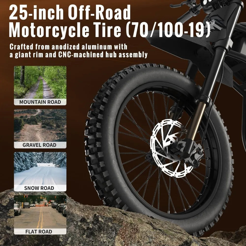 Electric Dirt Bike for Adults 2000W(Peak), with 25 Inch Tires, Max 37 MPH & 85 Mile Long Range, Dual Battery Electric Bike