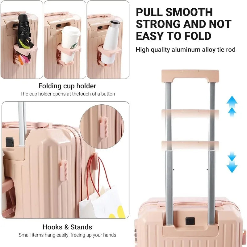 Carry-on Luggage with Cup Holder & USB Charging Port, Hard Side Luggage with Spinner Wheels, Lightweight Luggage for Travel