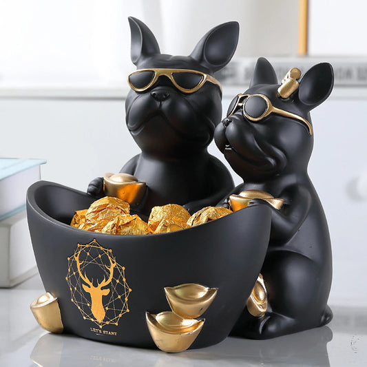 Resin Couple Dog Statue Decoration with Stainless Steel Disc Storage Statues Decor Simulated Art Props Good Gift for Living Room