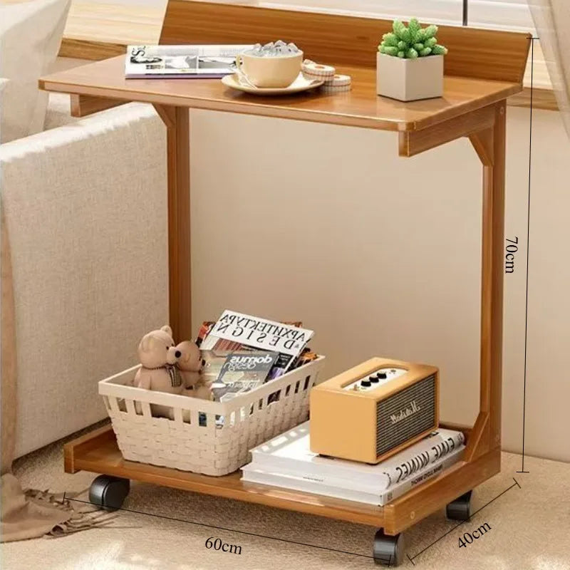 Sofa edge table, movable coffee table with wheels, minimalist mini living room, solid wood bedroom, bedside table, storage rack