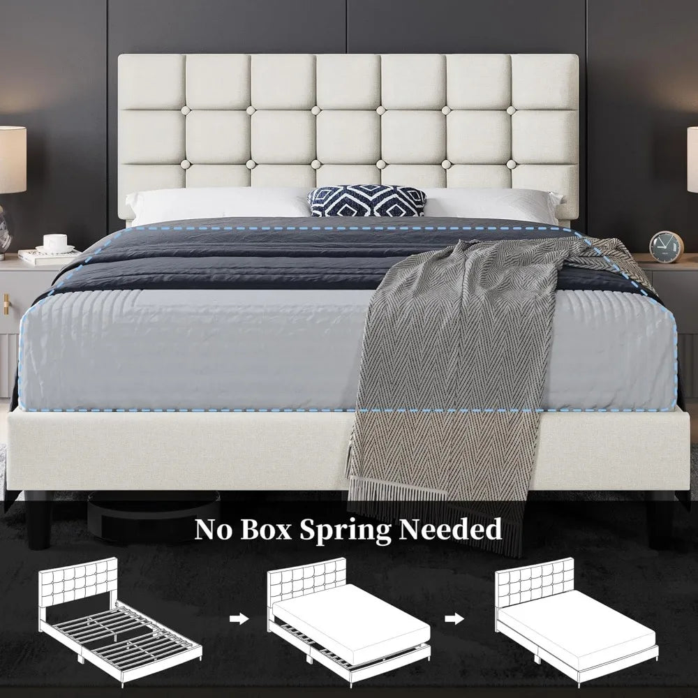Bed Frame, Modern Full Bed Platform with Square Stitched&Button Tufting Headboard Height Adjustable, Full Size, Dark Gray