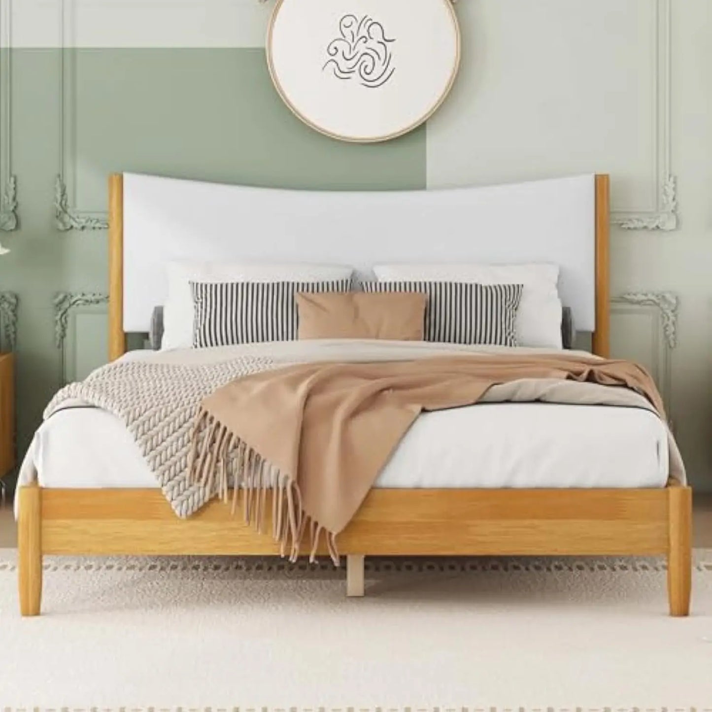 Wooden Platform Bed Frame Queen Size with Upholstered Headboard,Mid Century Modern Bed Frame Queen&Solid Wood Bed Frame with Wo