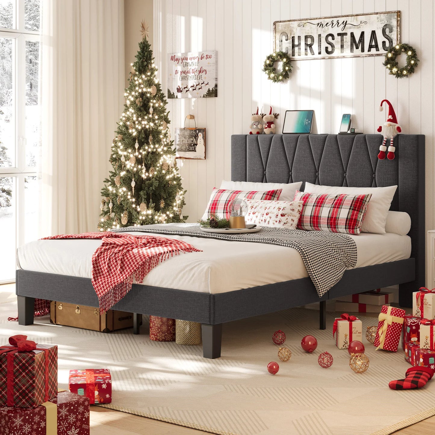 Queen Bed Frame with HeadBoard,Linen Upholstered Platform Bed Frame with Charging & Storage,No Box Spring Needed,Dark Grey