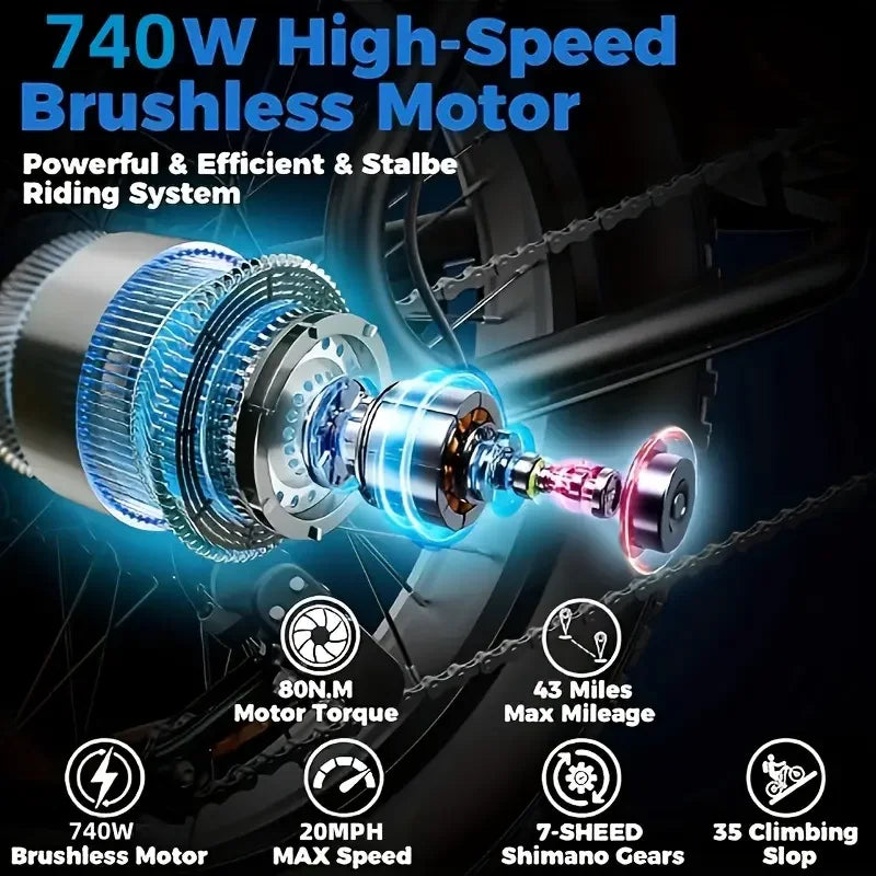 Electric Bike 740W Motor With 854.4WH Battery, 20 Miles Per Hour, 20'' Fat Tire Road Mountain Commuter Lightweight Electric Bike