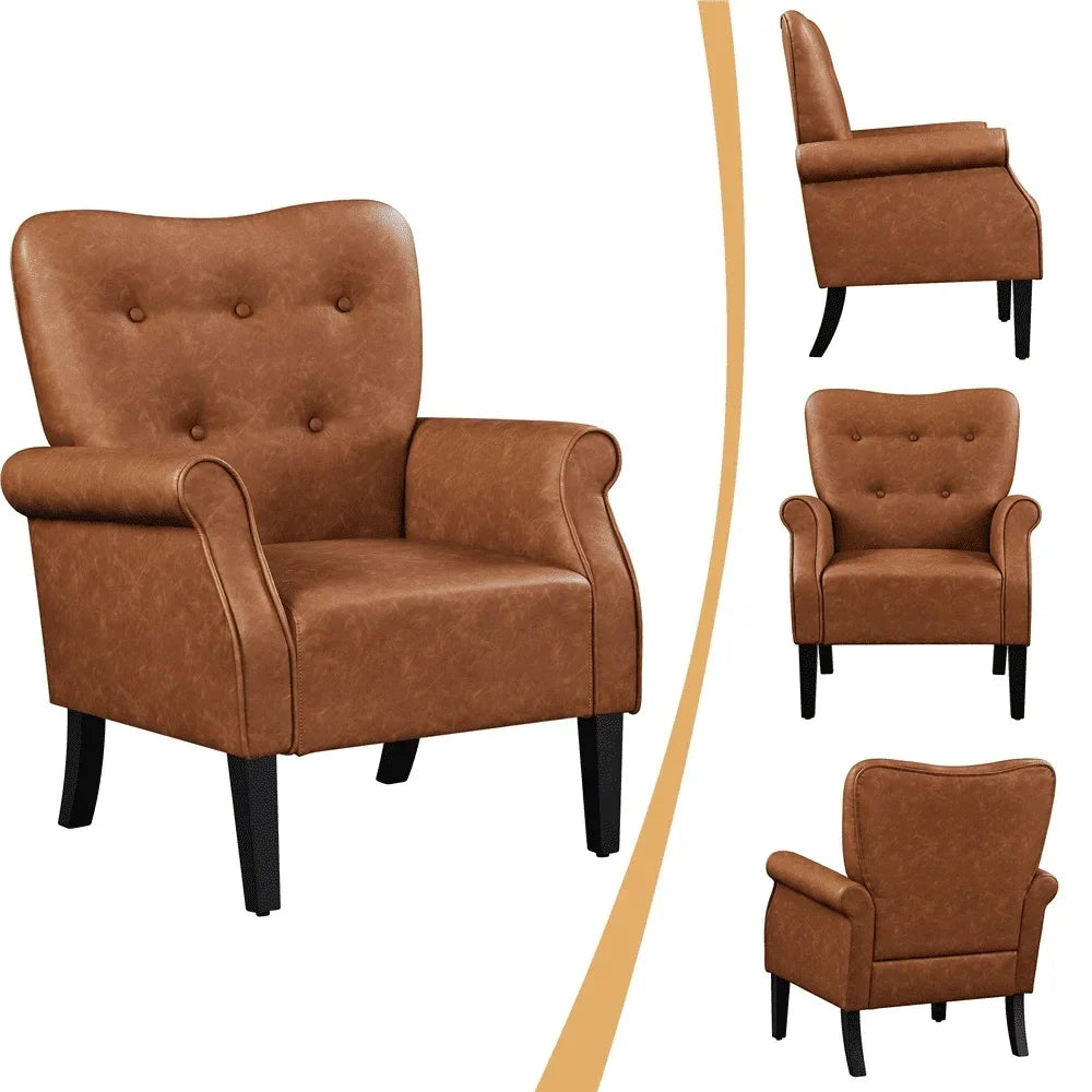 Tufted High Back Faux Leather Accent Chair Stylish Mid-Century Armchair Comfortable Living Room Furniture Retro Design