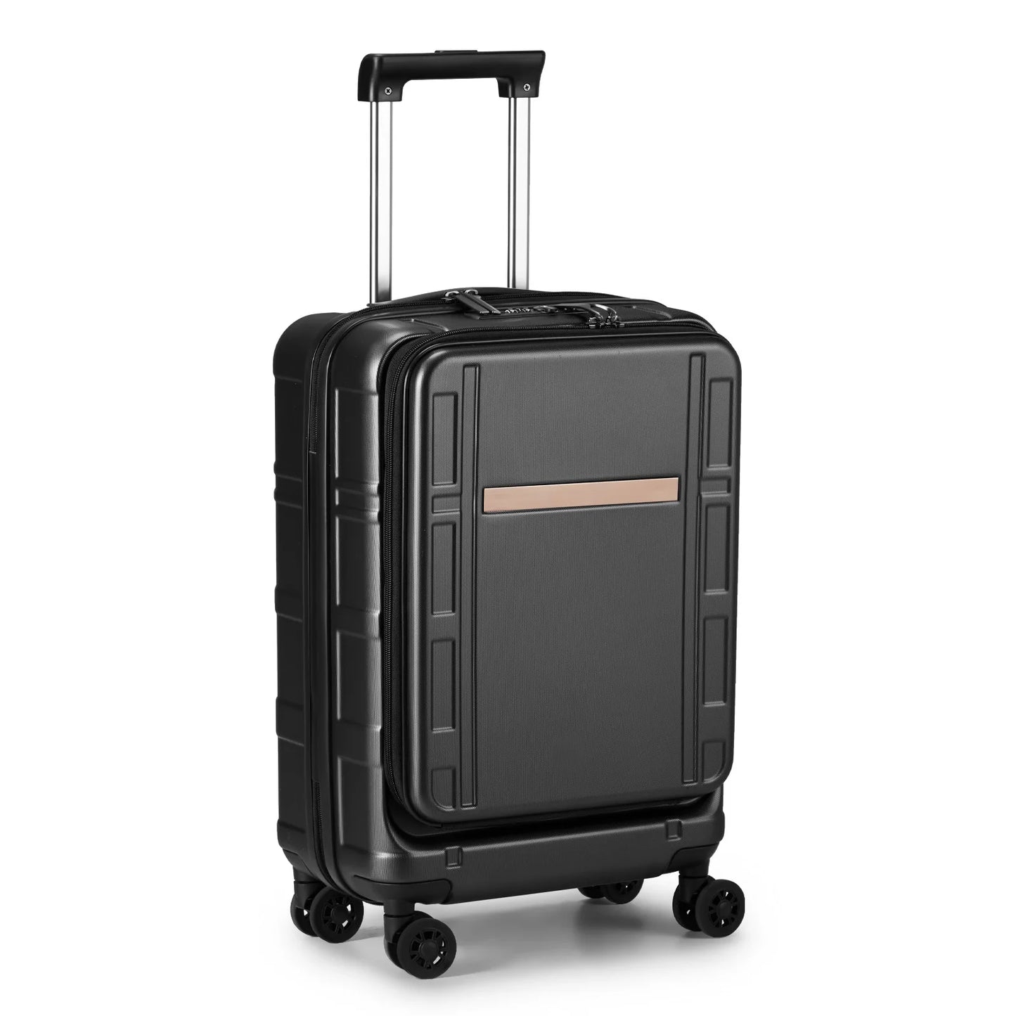 22 X 14 X 9 Airline Approved, ABS+PC 20 Inch Luggage with Front Compartment, Double Spinner Wheels, TSA Lock,Black Color