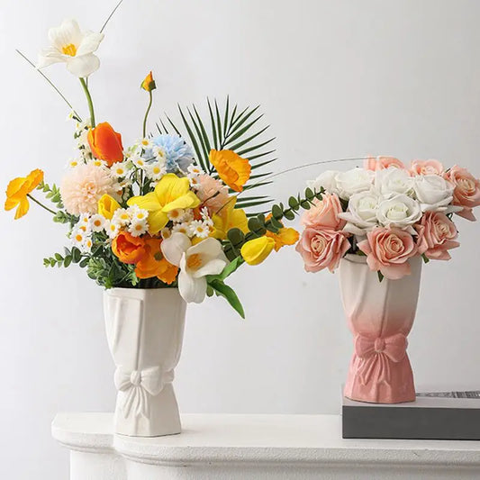 Ceramic Flower Bow Vase Bouquet Vase Plants Pot Dried Flowers Branches Vase Plants Basket Nordic White pink Ceramic Vase
