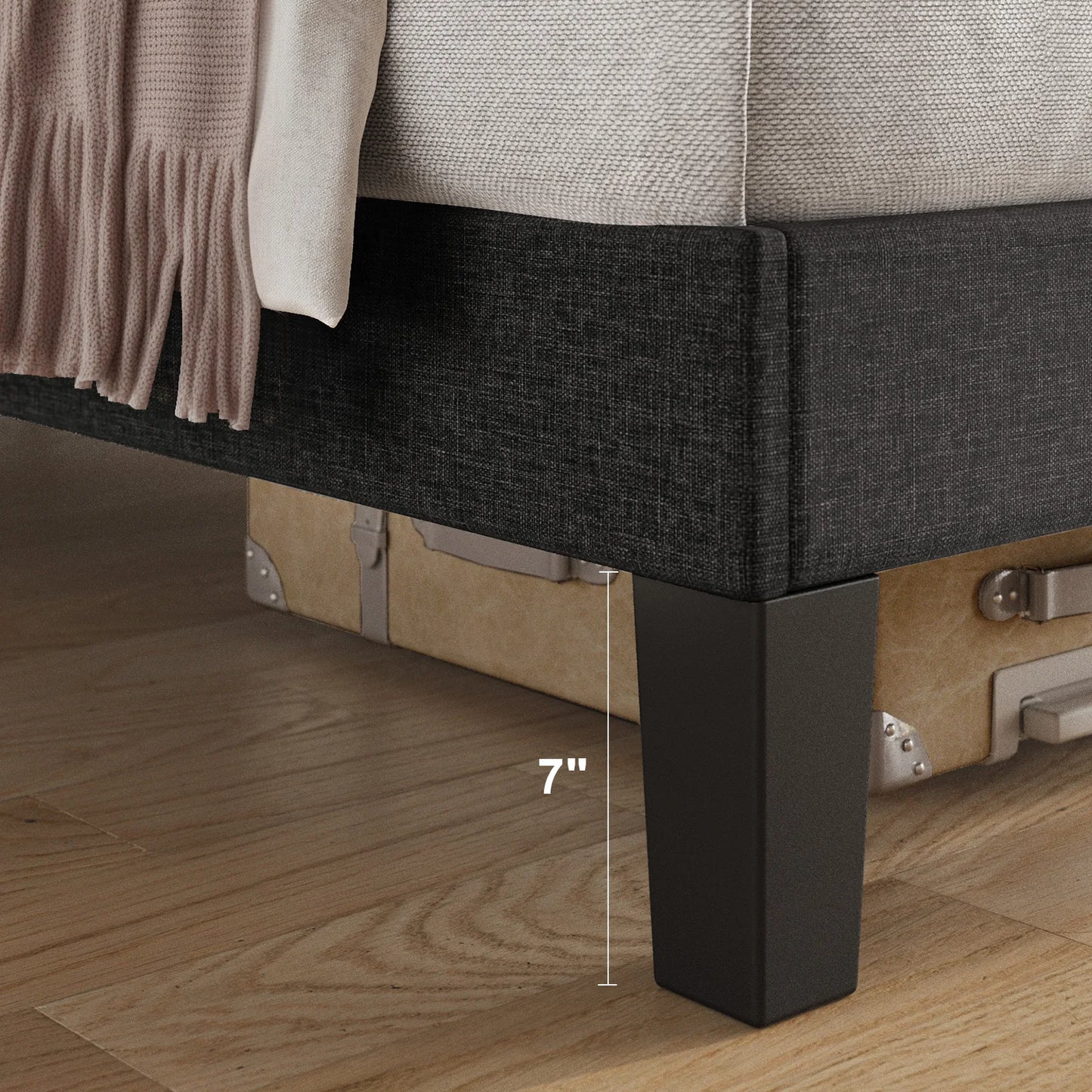 Queen Bed Frame with HeadBoard,Linen Upholstered Platform Bed Frame with Charging & Storage,No Box Spring Needed,Dark Grey