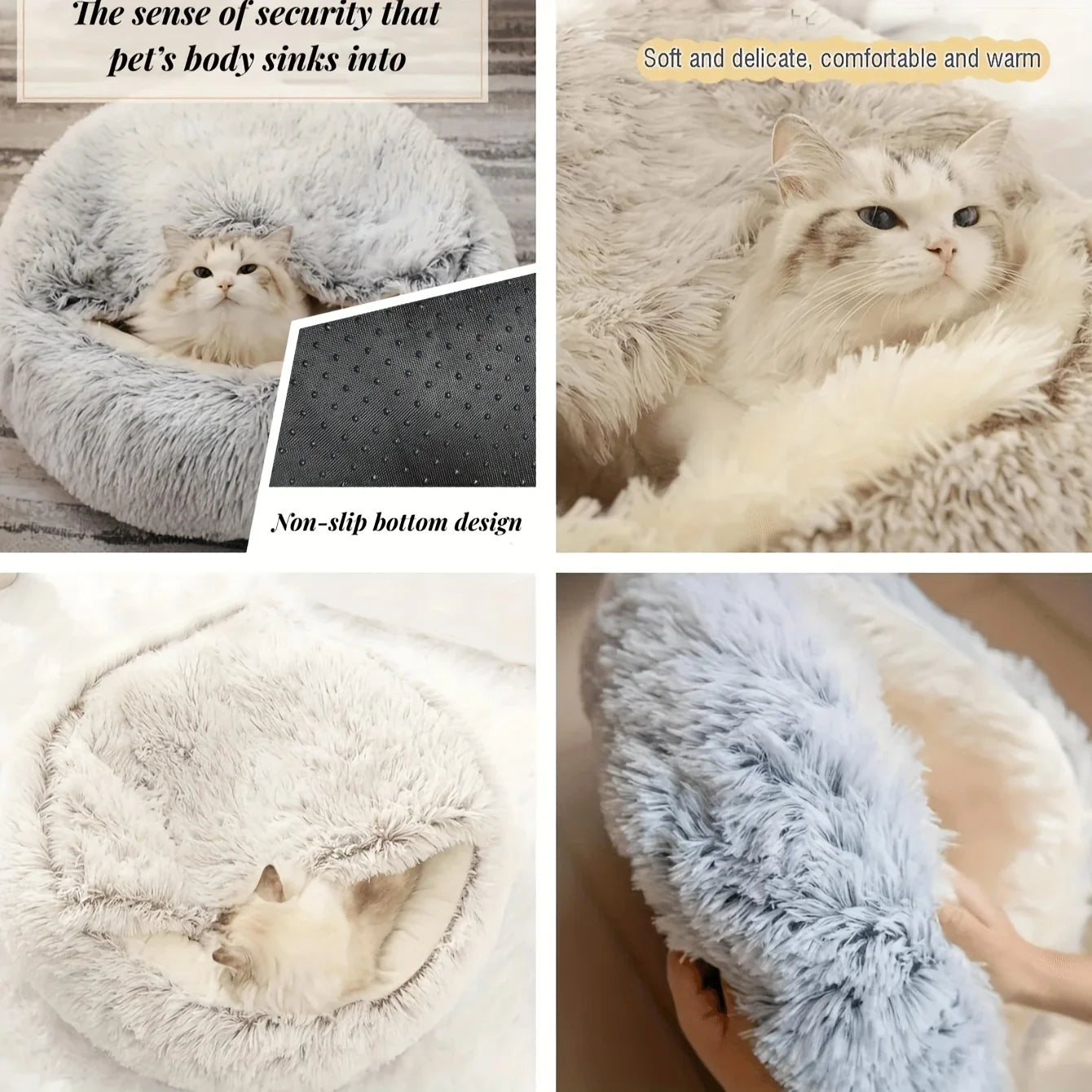 2 in 1 Soft Plush Pet Bed with Cover Round Cat Bed Pet Mattress Warm Cat Dog Sleeping Nest Cave for Small Dogs