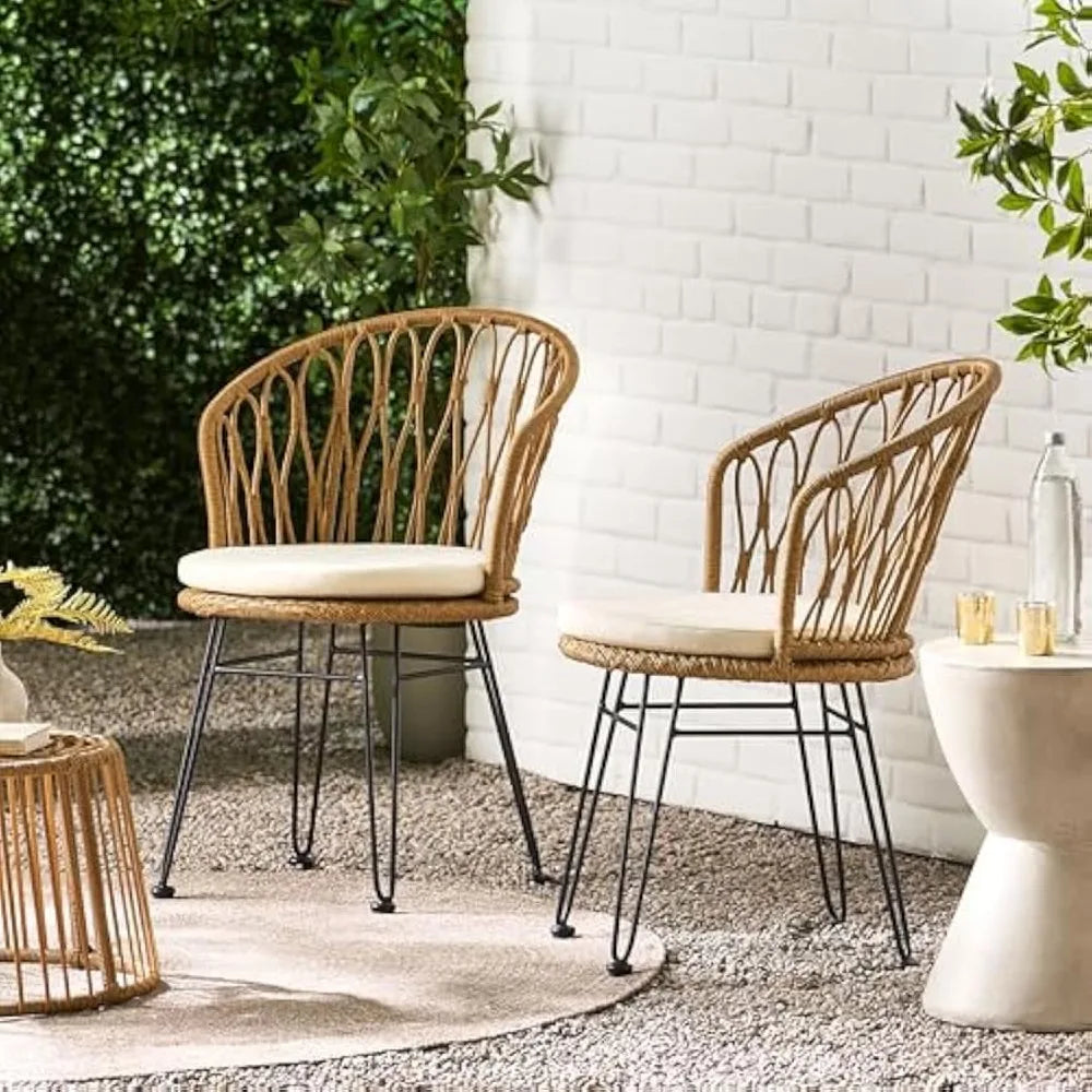 Outdoor Dining Chairs Set of 2, Wicker Outdoor Dining Chair with Cushion, Boho Industrial Style Rattan Dining Chairs, Patio Loun