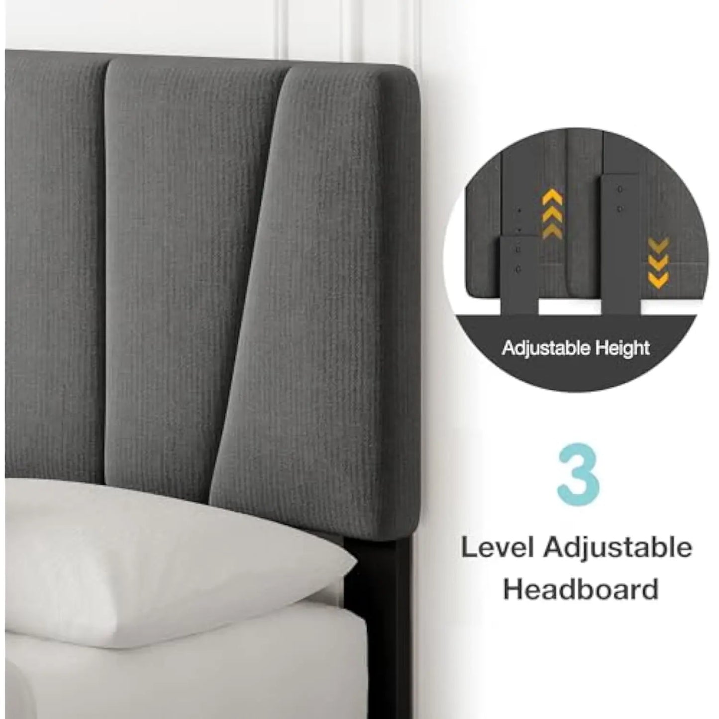 King Size Bed Frame with Headboard Adjustable, Linen Upholstered King Platform Bed with Headboard, Mattress Foundation with Woo